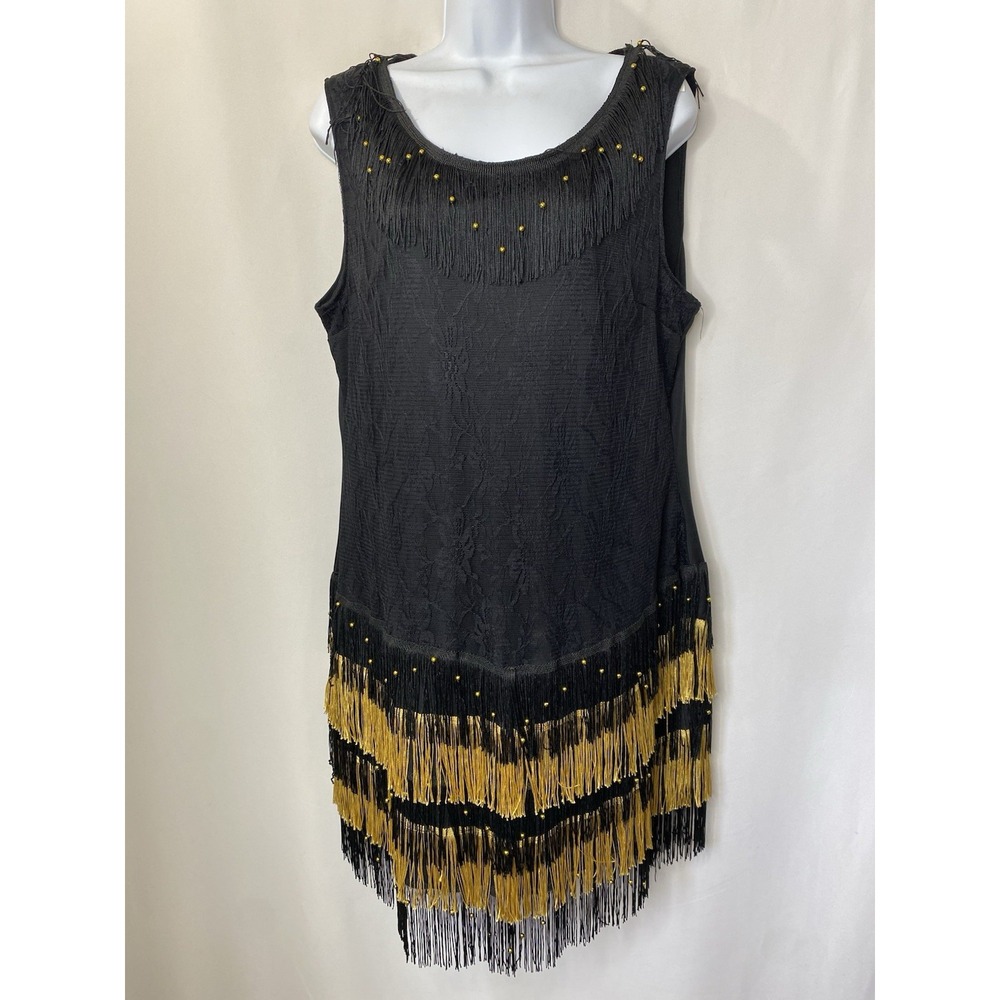 Womens 20s Black and Gold Flapper Girl Costume Dress Size Large Halloween Party
